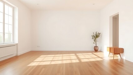 Fototapeta premium Minimalist living room with clean white walls and warm wood flooring, featuring mid-century modern furniture and soft natural light.