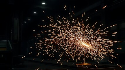 An industrial workshop with glowing sparks, showcasing dynamic energy in a dark environment.
