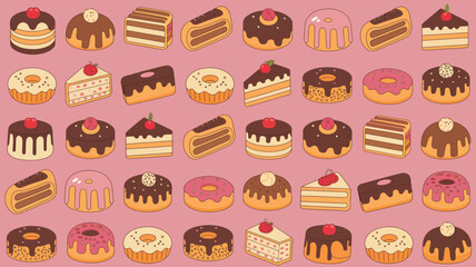 A seamless pattern of cartoon cakes donuts and pastries on a pink background in a repeating design