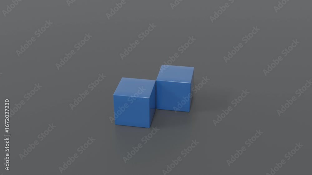 Poster minimal 3d abstract background where two blue cubes rolling across a charcoal gray plane, building f