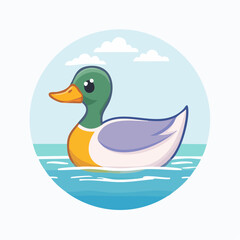 Obraz premium A cute cartoon duck with a green head and orange beak swims peacefully in blue water under a clear sky.