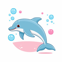 Fototapeta premium A cheerful cartoon blue dolphin with a friendly smile gracefully swims amidst a scattering of vibrant bubbles.