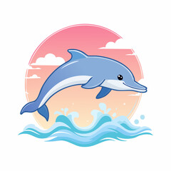 Fototapeta premium A friendly cartoon dolphin joyfully leaping from blue ocean waves against a vibrant sunset sky.