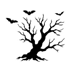 Spooky Tree with Flying Bats Silhouette isolated