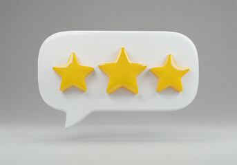 Obraz premium Three Shiny Gold Stars in White Speech Bubble; 3D Render, Positive Feedback Concept