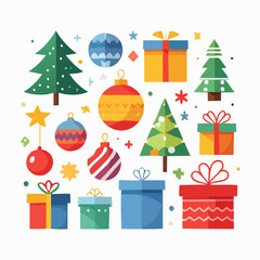 Naklejka premium Festive collection of colorful Christmas trees, ornaments and gift boxes creating a cheerful holiday atmosphere for graphic design
