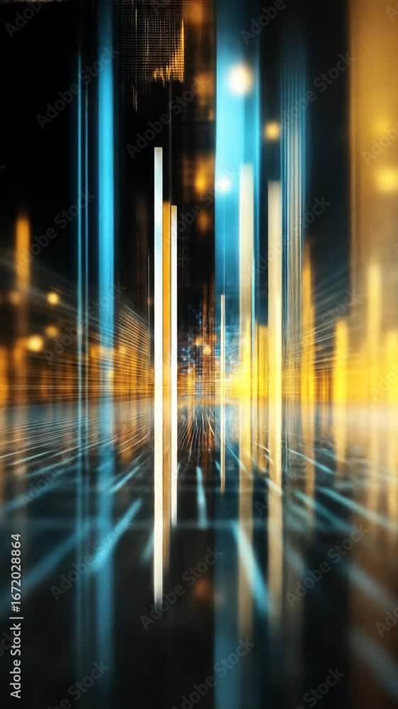 Poster abstract digital city, glowing lines and columns in blue and gold, creating a sense of movement and 