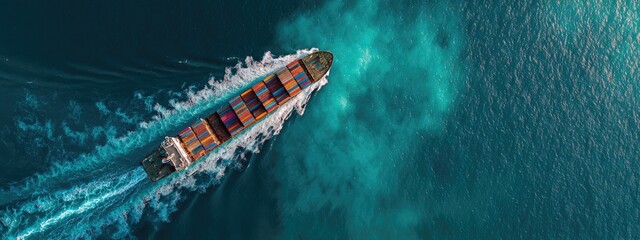 Overhead view of a cargo ship speeding through ocean waters, containers loaded