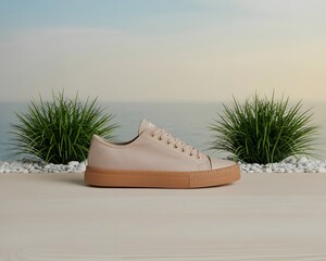 Beige low top sneaker with tan sole and white pebbles and green plants against ocean backdrop shoe footwear
