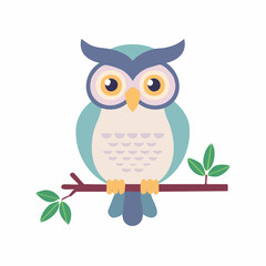 Fototapeta premium Stylized owl illustration perched on a branch with leaves, featuring a pastel color palette against a white background.