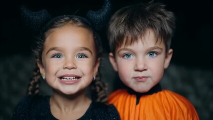 Young children in Halloween costumes, playful vibes with costumes and expressions, autumnal atmosphere with festive spirit and youthful joy