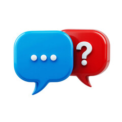 Two 3d speech bubbles one blue with dots and one red with a question mark isolated on transparent background
