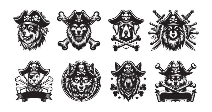 Collection of eight pirate dog and wolf head emblems with skull and crossbones hats and crossed bones Talk Like a Pirate a Pirate Silhouette