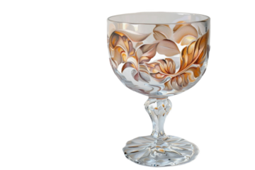 Elegant glass goblet with golden floral decorations isolated on white background cutout png