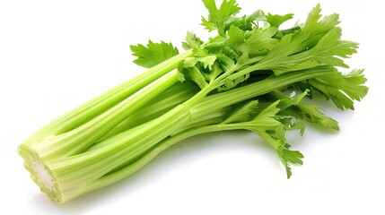 Fresh celery stalks with crisp green stems and leafy tops, bundled together or placed loose on a white marble countertop, with a small bowl of hummus for dipping nearby, under bright natural light. 