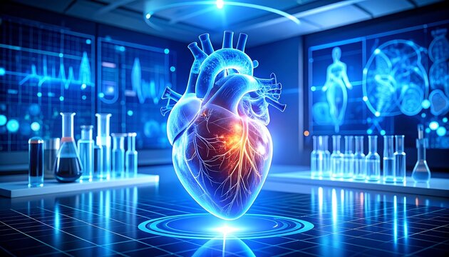 3D holographic heart in a futuristic medical lab