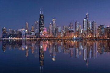 Illuminated metropolis reflecting in calm water under twilight sky