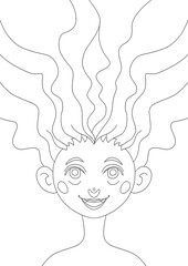 Cartoon character lineart design, coloring, transparent background - joyful girl with standing hair