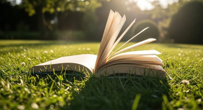 Book resting gently on green lawn bathed in sunlight conveying tranquil reading moment