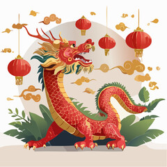 Fototapeta premium Vibrant Chinese New Year illustration of a majestic red dragon surrounded by traditional red lanterns and auspicious clouds, celebrating Asian culture and festivity.