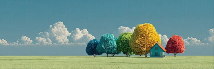 Idyllic scene with colorful trees, a tiny house and open sky