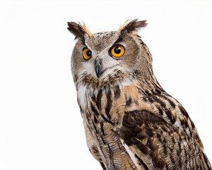 Obraz premium Eurasian Eagle Owl Close Up Portrait on White Background, Wild Bird with Intense Orange Eyes