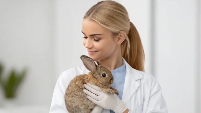 Caring Vet with Rabbit: A compassionate veterinarian holds a fluffy rabbit with gentle hands, conveying a sense of care and trust within a clinical environment.