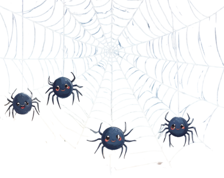 Cute Cartoon Spider Web with Little Kawaii Spiders, isolated on transparent background