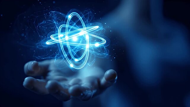 Glowing Blue Atom Energy Science Technology Innovation Hand Holding Quantum Physics Research Abstract Background 4 K Ultra H D Animation Loop Perfect for Science Documentaries Technology