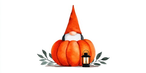 Halloween gnome pumpkin hat concept. Gnome sitting on a pumpkin with a lantern and leaves around it.