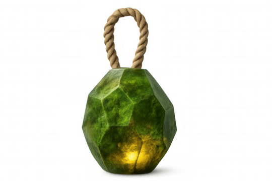 Faceted green glass lamp glowing warmly, suspended by rope handle against transparent backdrop