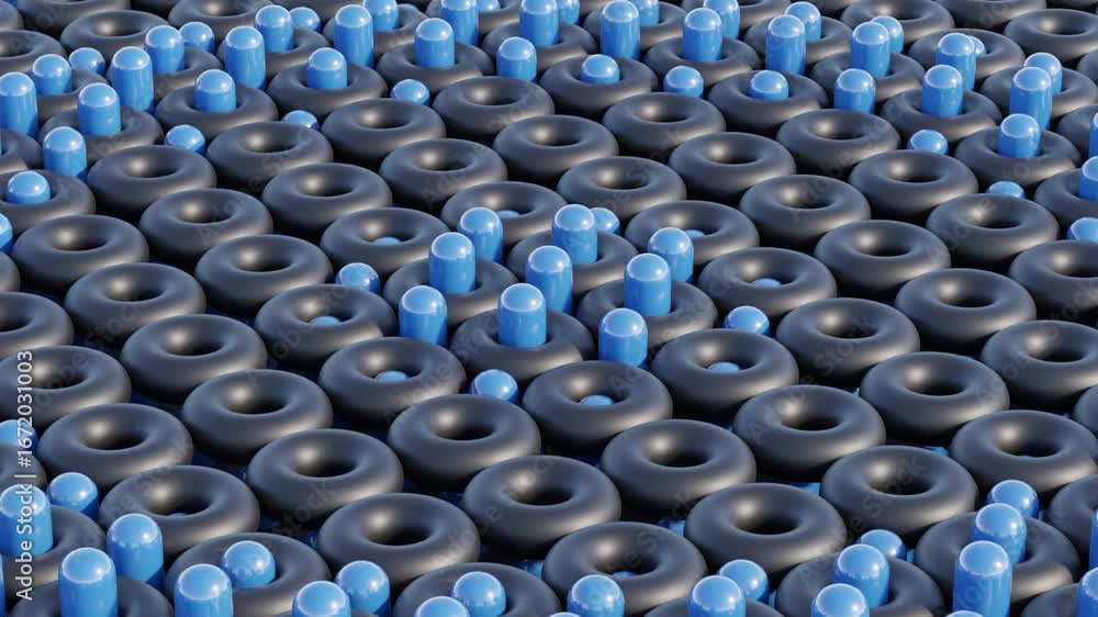 Poster 3d abstract background where blue cylindrical columns rise concentrically through openings of dark g