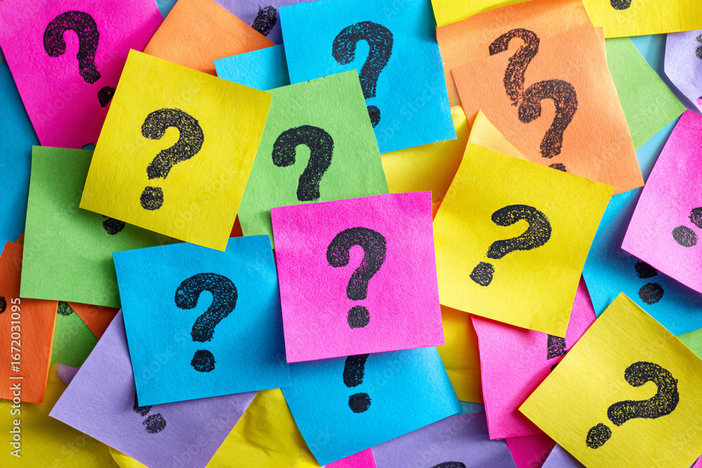 Aufkleber colorful sticky notes with question marks uncertainty questions answers confusion