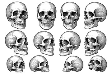 Human skull illustrations in vintage engraving style, Transparent Background