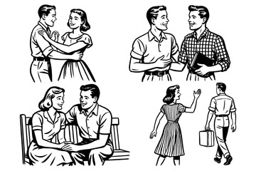 Retro family lifestyle moments in vintage comic style, Transparent Background