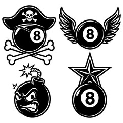 Stylized eight ball icons with flames, crown, bomb, and bat wings in retro tattoo style, Transparent Background