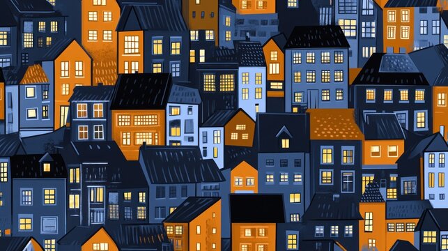 Night cityscape illustration, seamless pattern of colorful houses with lit windows.