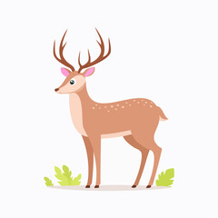 Fototapeta premium Cartoon illustration of a standing deer with antlers and white spots on its back, set against a white background with green foliage.