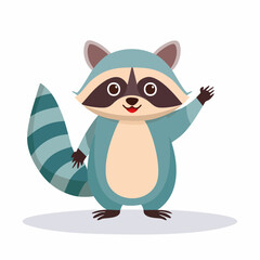 Fototapeta premium Cartoon raccoon standing and waving with a friendly smile, isolated on a white background.