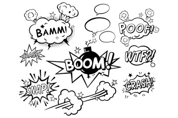 Retro comic sound effects and speech bubbles in vintage pop art style, Transparent Background