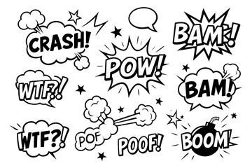 Retro comic sound effects and speech bubbles in vintage pop art style, Transparent Background
