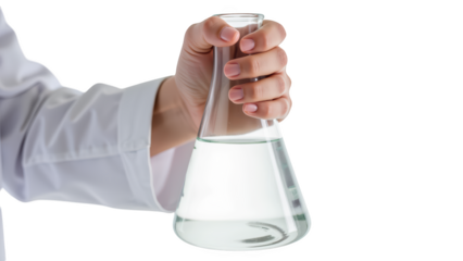 Person in lab coat holds glass flask filled with clear liquid, symbolizing scientific research and experimentation