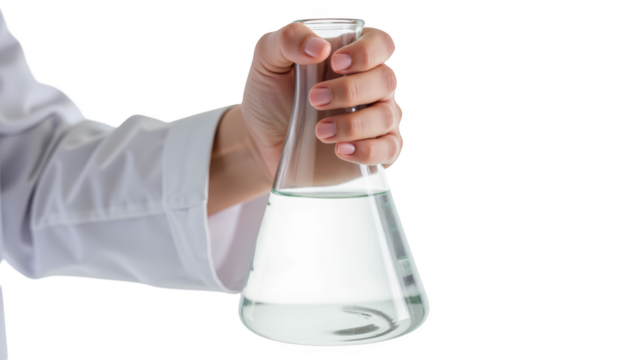 Person in lab coat holds glass flask filled with clear liquid, symbolizing scientific research and experimentation
