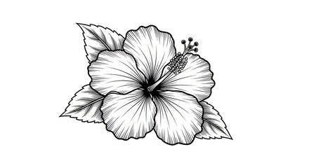 Exquisite monochromatic depiction of hibiscus flower with detailed line work and botanical