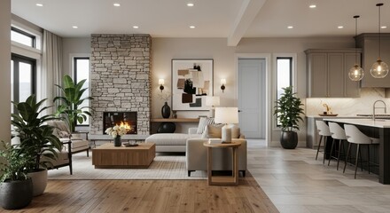 Exquisite interior design showcasing a seamless open concept living and kitchen space adorned with