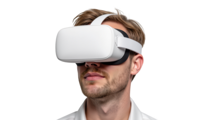 Immersive virtual reality experience with man wearing sleek VR headset, showcasing modern technology and innovation