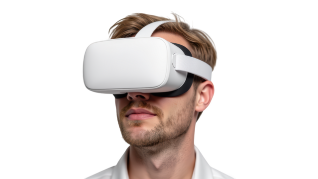 Immersive virtual reality experience with man wearing sleek VR headset, showcasing modern technology and innovation - Powered by Adobe