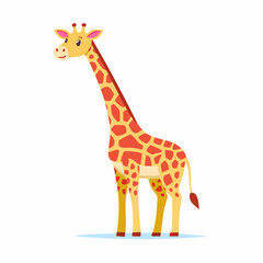 Friendly cartoon giraffe standing, long neck, orange spots, happy expression.