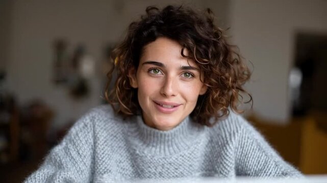 Smiling woman in casual sweater working at home, cozy and relaxed atmosphere with a focus on contentment and productivity, autumn comfort in a home office setting