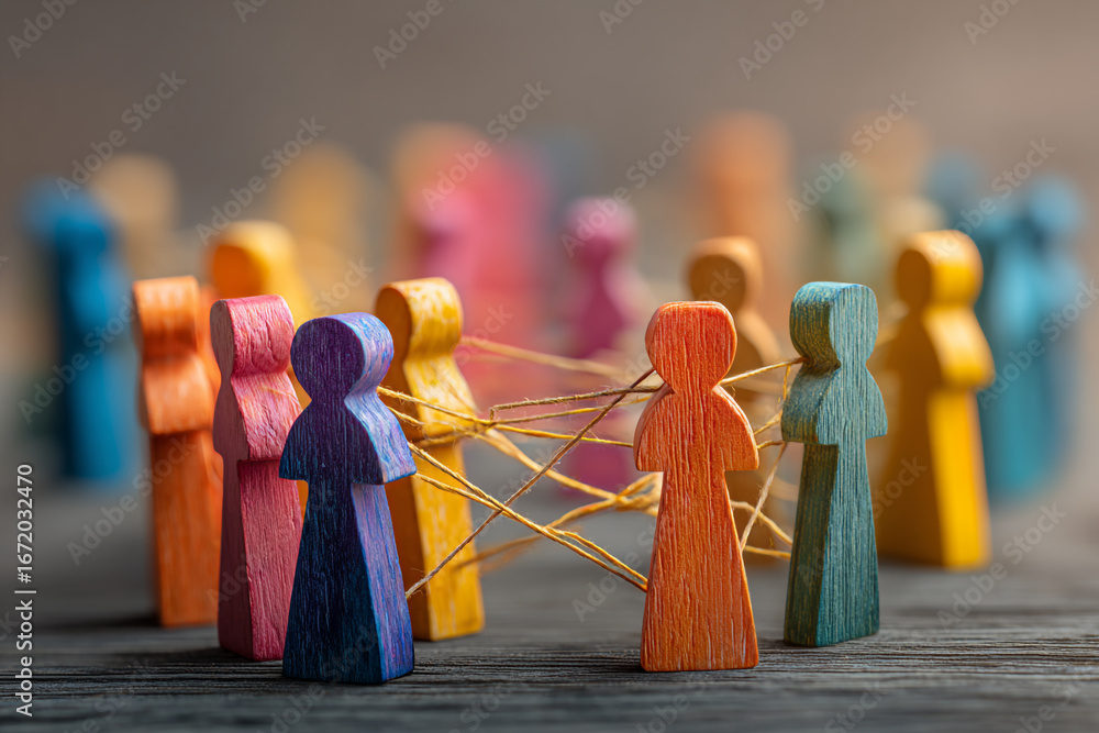 Poster colorful wooden figures connected by strings symbolizing community and unity a diverse group working